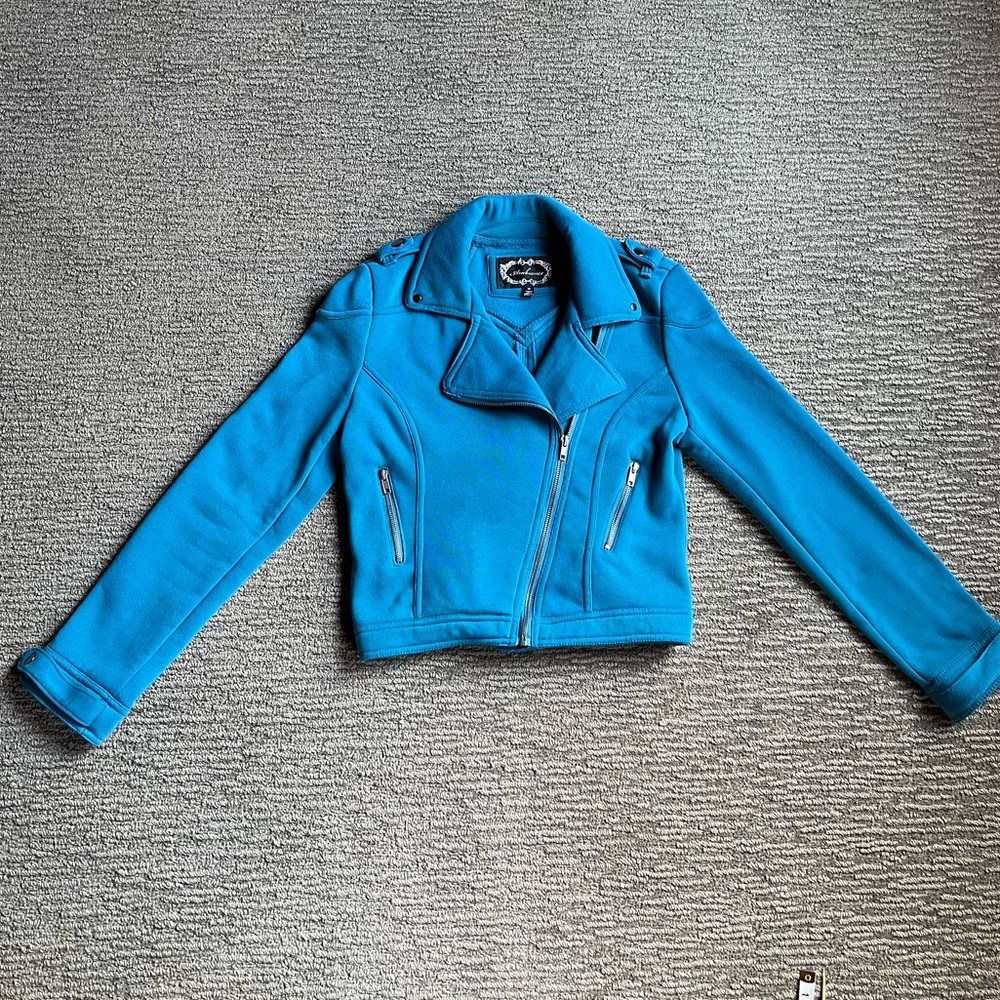 Ambiance Women's Fleece Hip Length Teal Blue Moto Jacket Size M